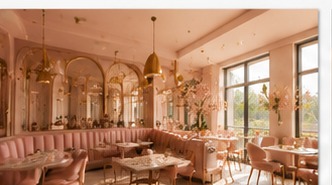 Blush Café interior — soft blush pink dining room with warm gold lighting