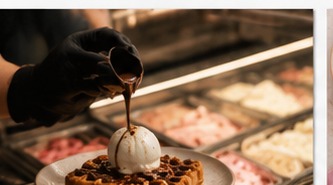 Live counter — dessert being plated in front of guests
